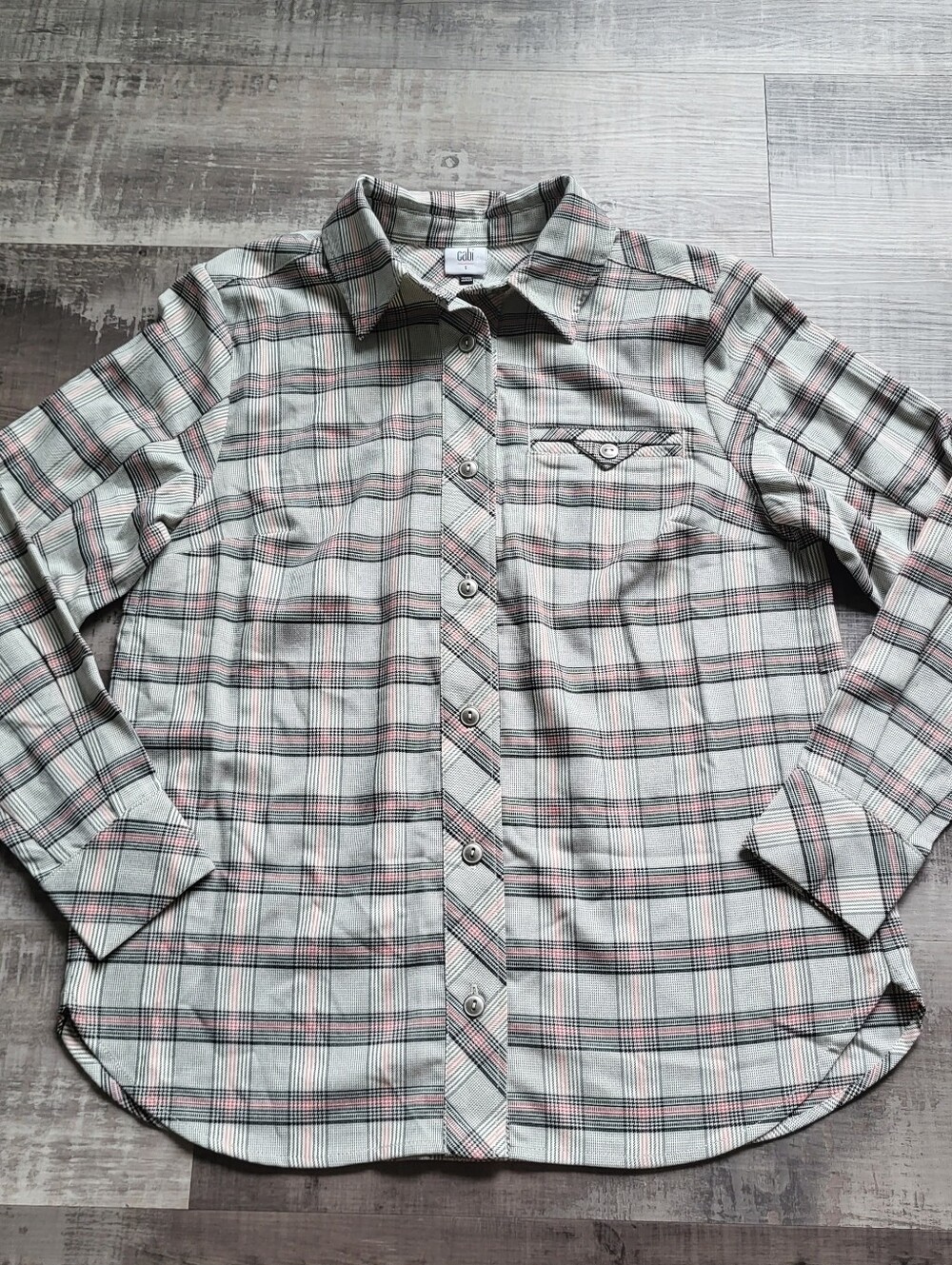 Cabi Hideout Shaket Shirt Jacket Plaid Button Front Womens Small Gray Pink